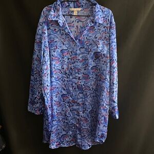 Cacique WO Size 22/24 SATIN FEEL BUTTON FRONT SLEEP SHIRT NIGHTGOWN BLUE PRINT